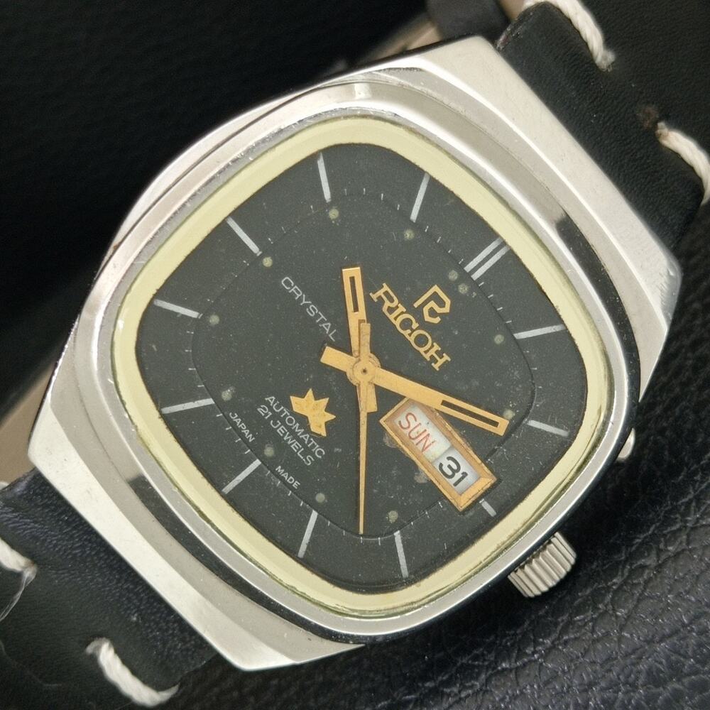 Vintage 1979 Square Ricoh Automatic Mens Silver Watch W/daydate & Gold accents